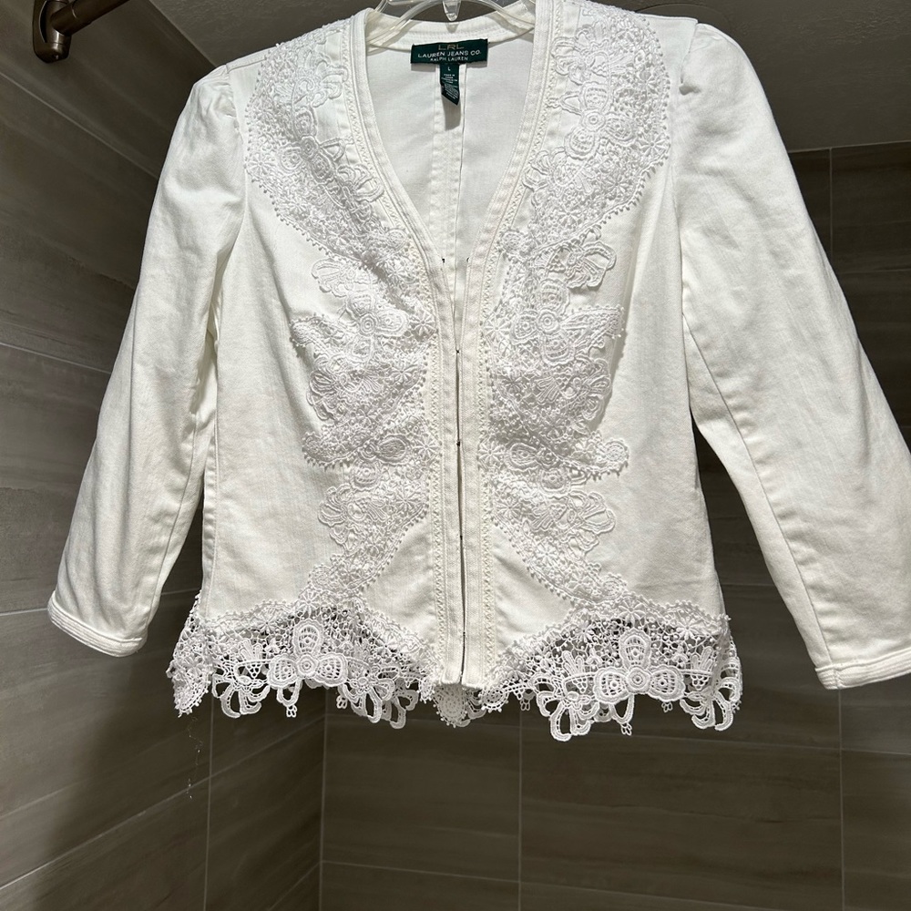 Ralph Lauren, white denim, lace jacket.